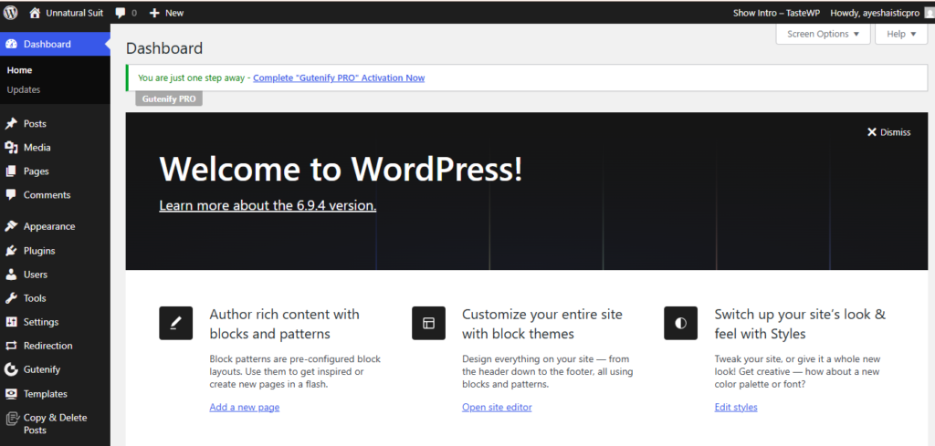 WordPress dashboard